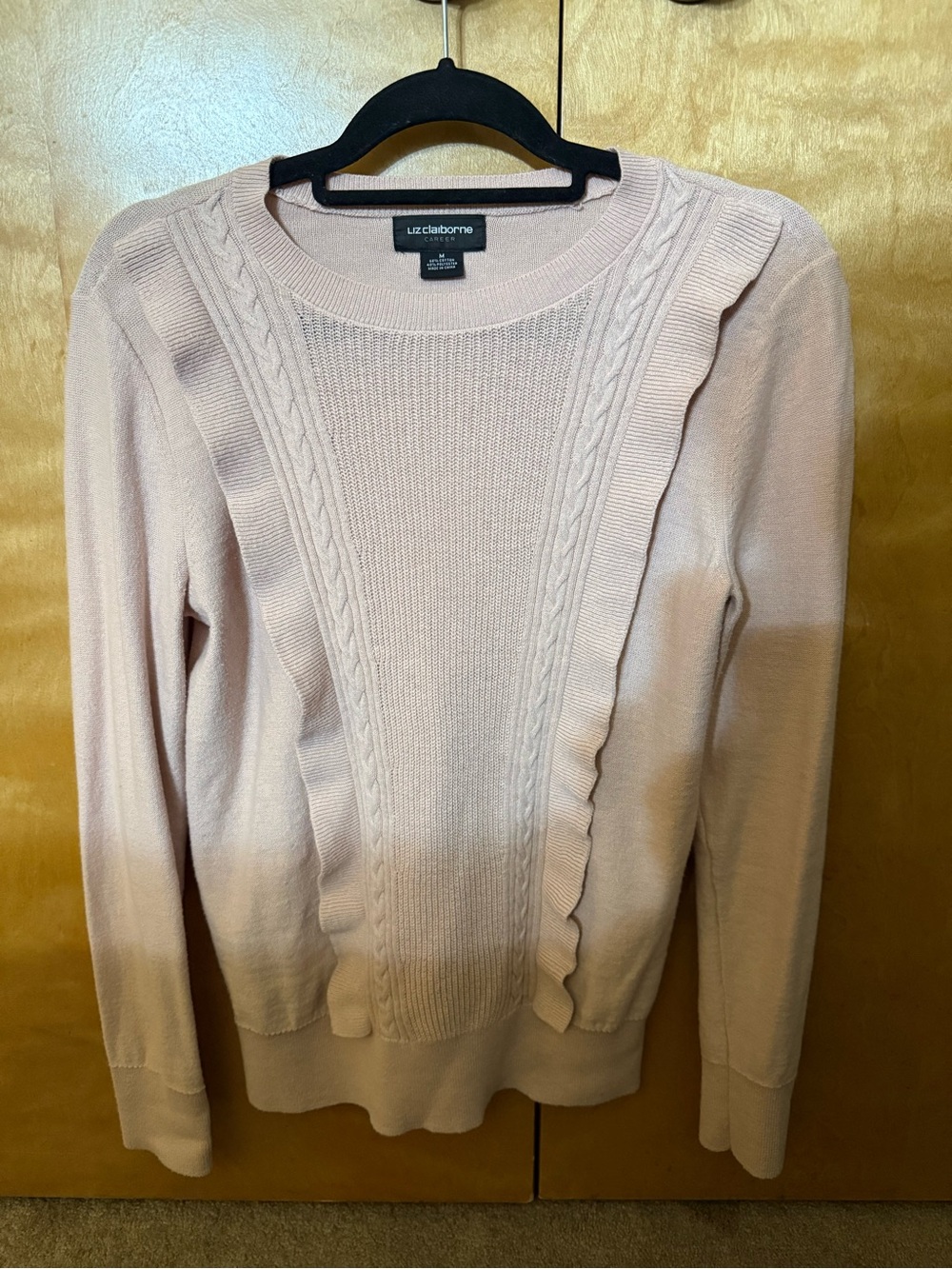 Light Pink, Soft, Liz Claiborne Blush Pink Ruffle-Trim Cable Knit Crew Sweat